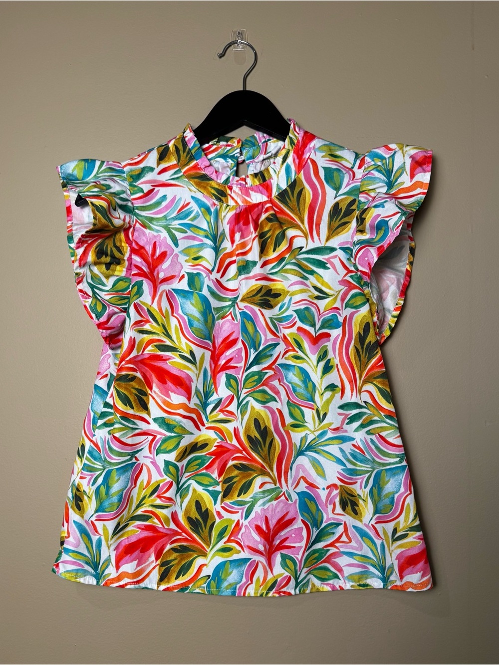 THML Tropical Floral Ruffle Sleeve Mock Neck Blouse Top XS